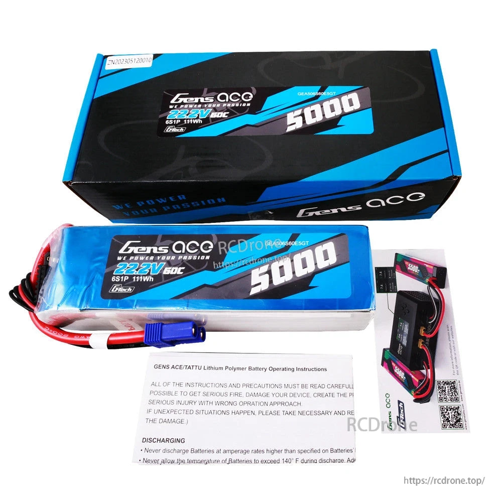 Gens ace 5000mAh 6S 22.2V 60C G-Tech LiPo Battery, Gens ace 5000mAh 6S 22.2V 60C LiPo battery pack with blue EC5 connector, shown with box and manual