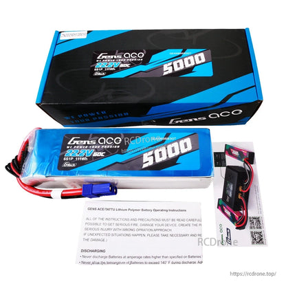 Gens ace 5000mAh 6S 22.2V 60C G-Tech LiPo Battery, Gens ace 5000mAh 6S 22.2V 60C LiPo battery pack with blue EC5 connector, shown with box and manual