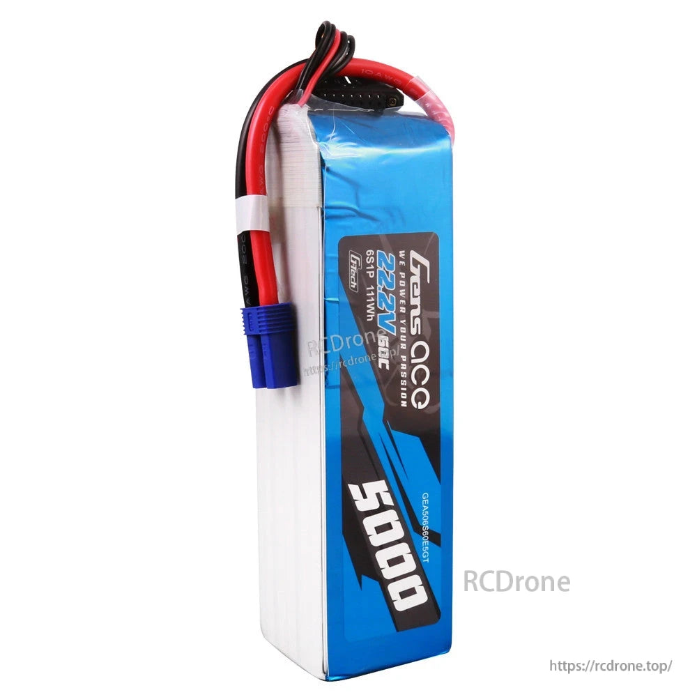 Gens ace 5000mAh 6S 22.2V 60C G-Tech LiPo Battery, Gens ace 5000mAh 6S 22.2V LiPo battery pack with blue heat shrink, EC5 connector and balance lead