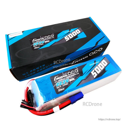 Gens ace 5000mAh 6S 22.2V 60C G-Tech LiPo battery pack with balance lead, blue connector, and box