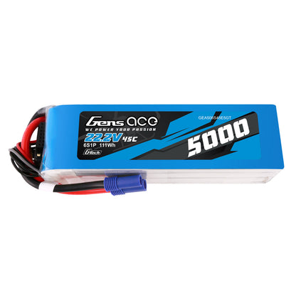Gens ace 5000mAh 6S 45C 22.2V G-Tech LiPo Battery, Gens ace 5000mAh 6S 22.2V 45C G-Tech LiPo battery pack with EC5-style plug and balance lead
