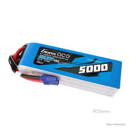 Gens ace 5000mAh 6S 45C 22.2V G-Tech LiPo Battery, Gens ace 5000mAh 6S 22.2V 45C LiPo battery pack with G-Tech label, balance lead, and blue EC5-style connector