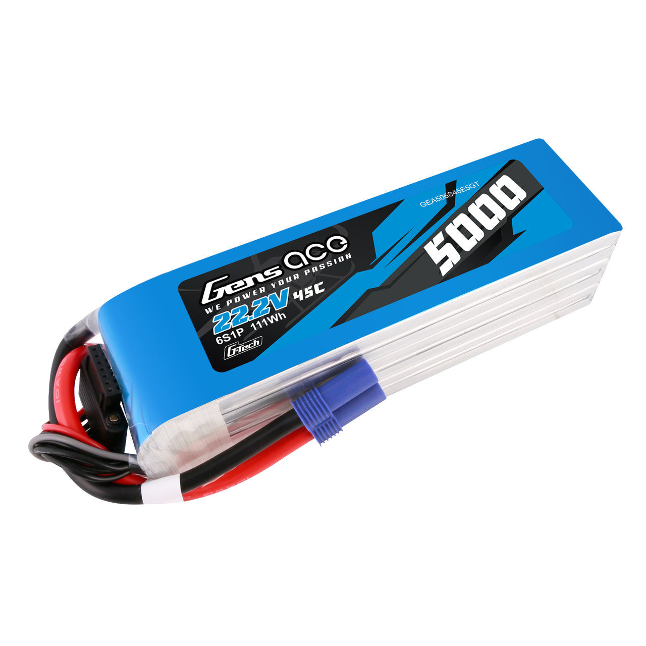 Gens ace 5000mAh 6S 45C 22.2V G-Tech LiPo Battery, Gens ace 5000mAh 6S 22.2V 45C G-Tech LiPo battery pack with blue casing, power leads and balance plug