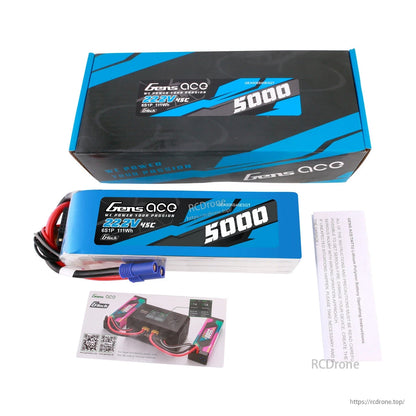 Gens ace 5000mAh 6S 45C 22.2V G-Tech LiPo Battery, Gens ace 5000mAh 6S 22.2V 45C G-Tech LiPo battery pack with blue power connector, box and manuals