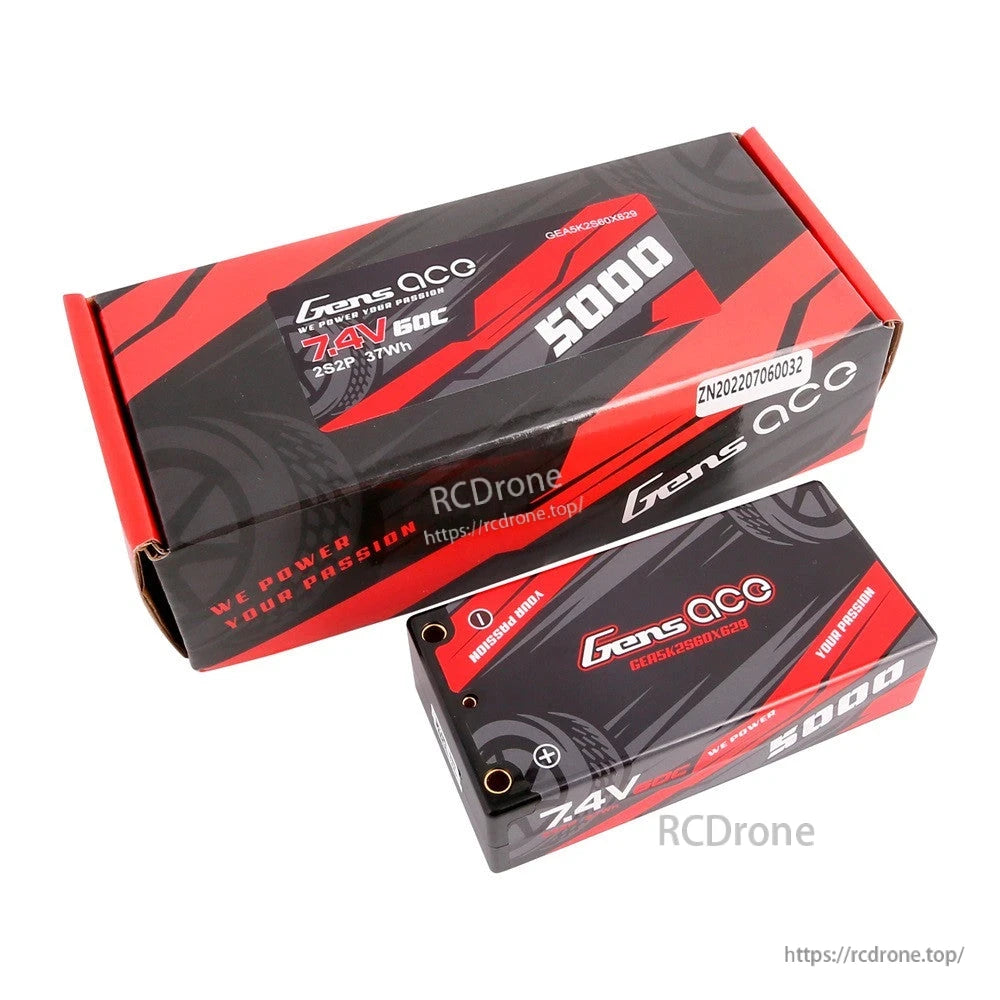 Gens ace 5000mAh 7.4V 60C 2S hardcase shorty LiPo battery with bullet-style terminals and retail box