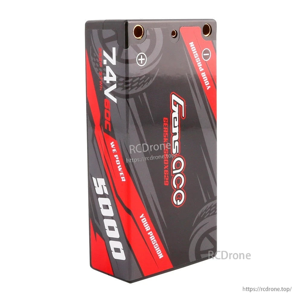 Gens ace 7.4V 5000mAh hardcase LiPo shorty battery pack with top-mounted bullet connector ports