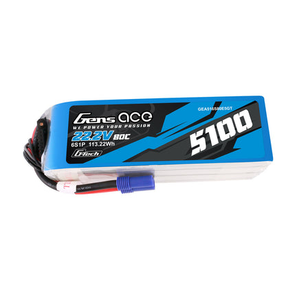 Gens ace 5100mAh 6S 80C 22.2V G-Tech LiPo Battery, Gens ace 5100mAh 6S 22.2V 80C G-Tech LiPo battery pack with lead wires and blue connector