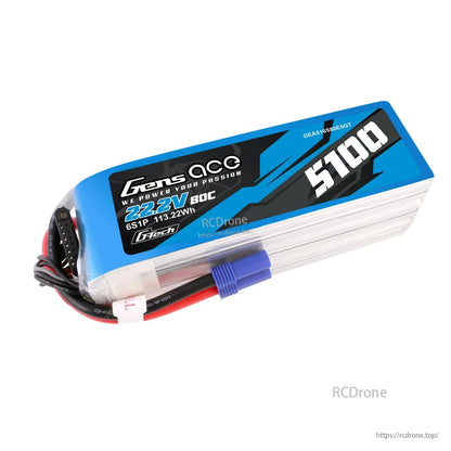Gens ace 5100mAh 6S 80C 22.2V G-Tech LiPo Battery, Gens ace 5100mAh 6S 22.2V 80C G-Tech LiPo battery pack with blue main plug and balance lead