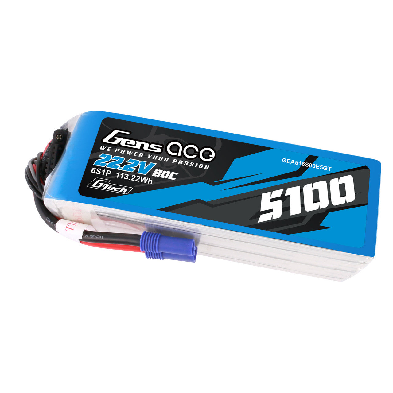 Gens ace 5100mAh 6S 80C 22.2V G-Tech LiPo Battery, Gens ace 5100mAh 6S 22.2V 80C G-Tech LiPo battery pack with blue hard case and EC5-style connector