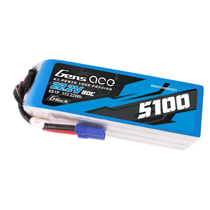 Gens ace 5100mAh 6S 80C 22.2V G-Tech LiPo Battery, Gens ace 5100mAh 6S 22.2V 80C G-Tech LiPo battery pack with blue hard case and EC5-style connector