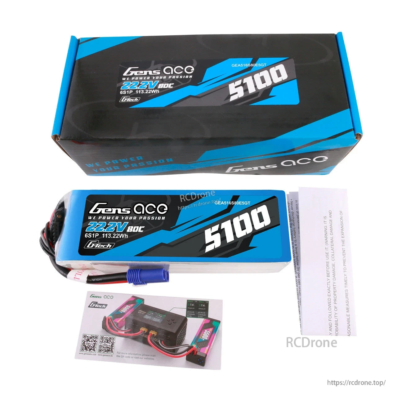 Gens ace 5100mAh 6S 80C 22.2V G-Tech LiPo Battery, Gens ace 5100mAh 6S 22.2V 80C G-Tech LiPo battery with EC5 plug, balance lead, and retail box