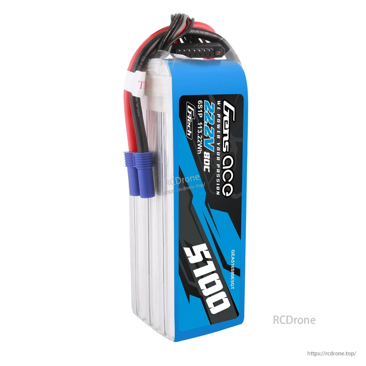 Gens ace 5100mAh 6S 80C 22.2V G-Tech LiPo Battery, Gens ace 5100mAh 6S 22.2V 80C LiPo battery pack with blue wrap, EC5-style connector and balance lead