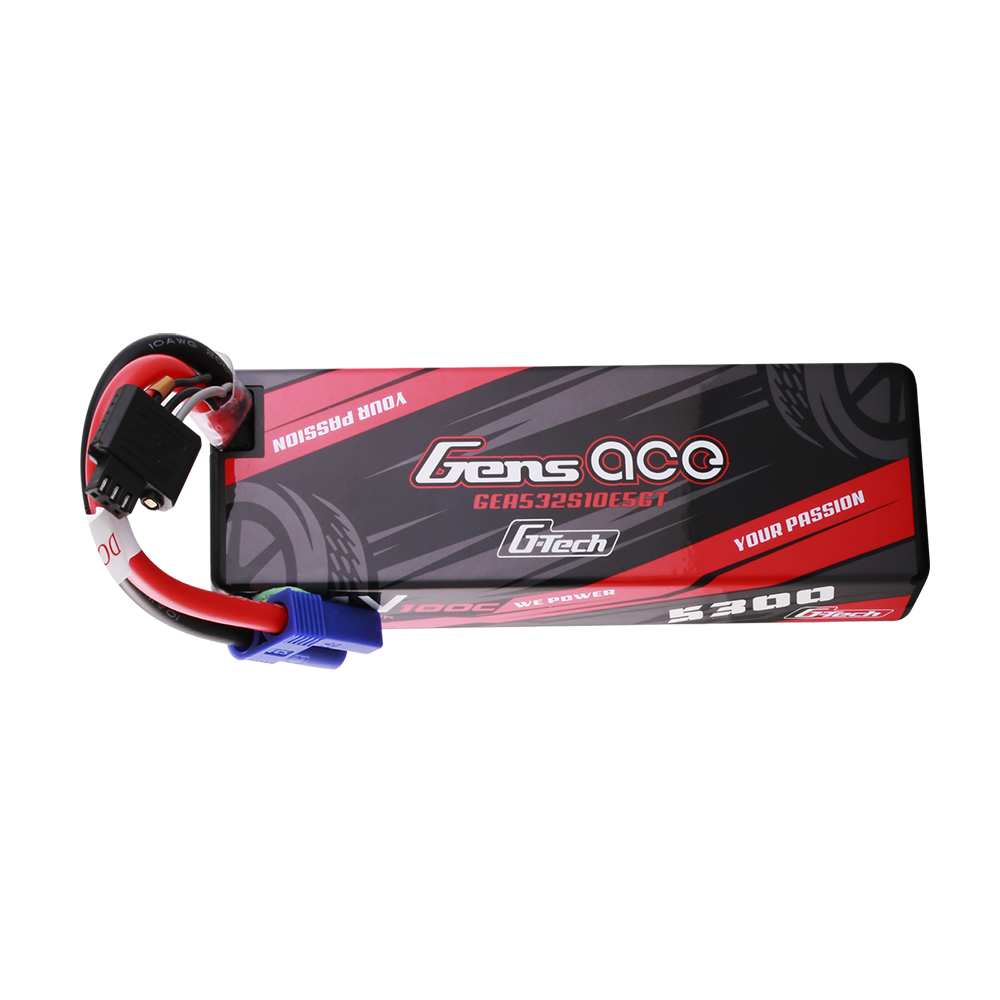 Gens ace hardcase 2S LiPo battery pack with 5300mAh label, blue EC5 main plug and small balance connector
