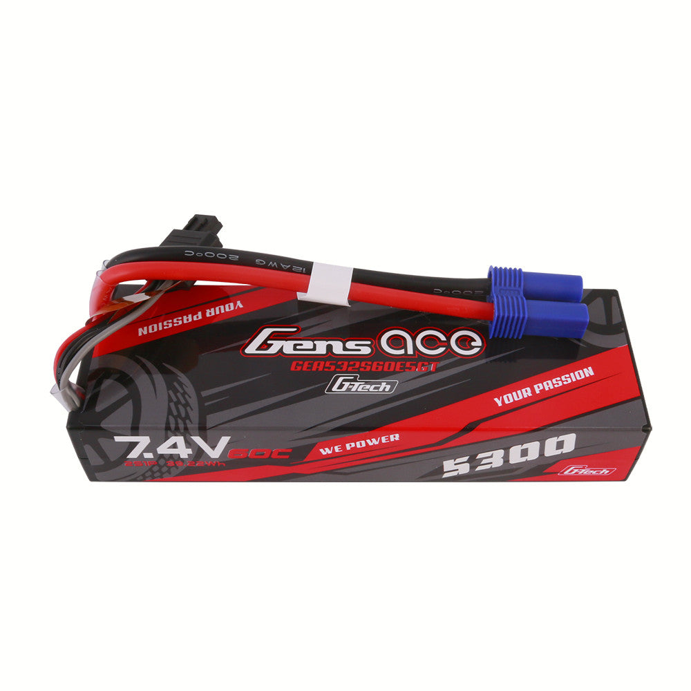 Gens ace G-Tech hard case LiPo battery pack labeled 7.4V 60C 5300mAh with blue EC5-style plug and leads