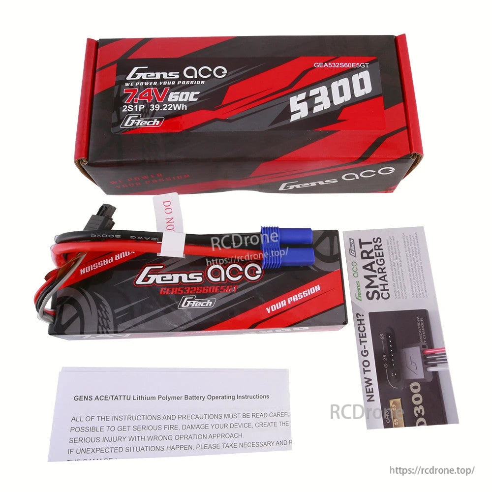 Gens ace 7.4V 5300mAh 60C G-Tech hard case LiPo battery pack with EC5 connector, box and instructions