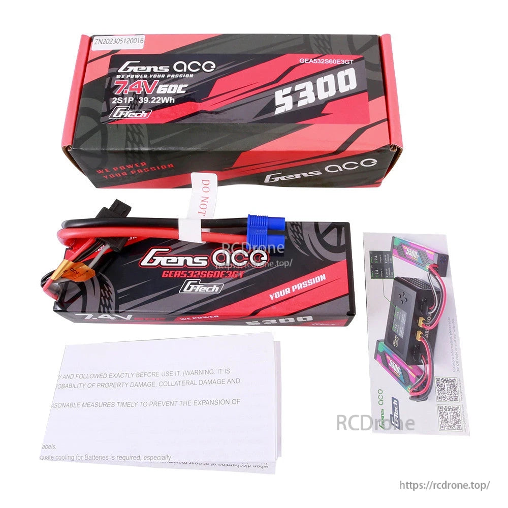 Gens ace 5300mAh 2S 7.4V 60C hardcase LiPo battery with blue EC3-style plug, balance lead, and packaging