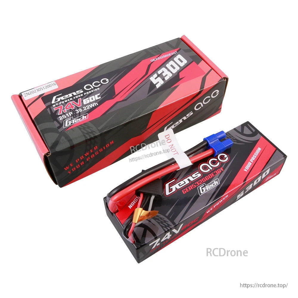 Gens ace hardcase LiPo battery pack 5300mAh 2S 7.4V 60C with blue EC3 plug and lead wires