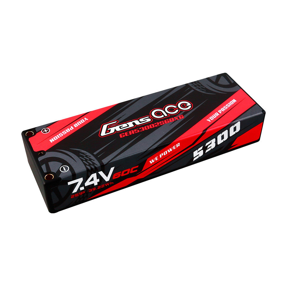 Gens ace 5300mAh 7.4V 2S 60C hardcase LiPo battery pack with black and red casing