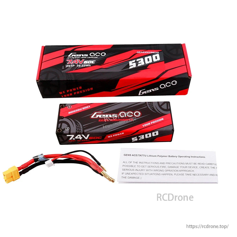 Gens ace 5300mAh 2S 7.4V 60C hardcase LiPo battery pack with XT60 lead, balance plug, and box