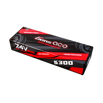 Gens ace hardcase LiPo battery pack labeled 7.4V 60C and 5300mAh in a black and red case