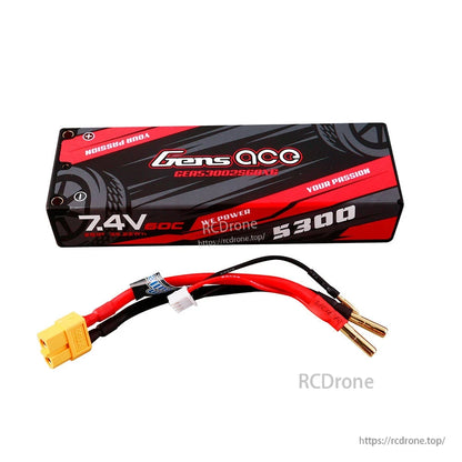 Gens ace 7.4V 5300mAh 60C hardcase LiPo battery pack with XT60 main lead and JST-XHR balance plug