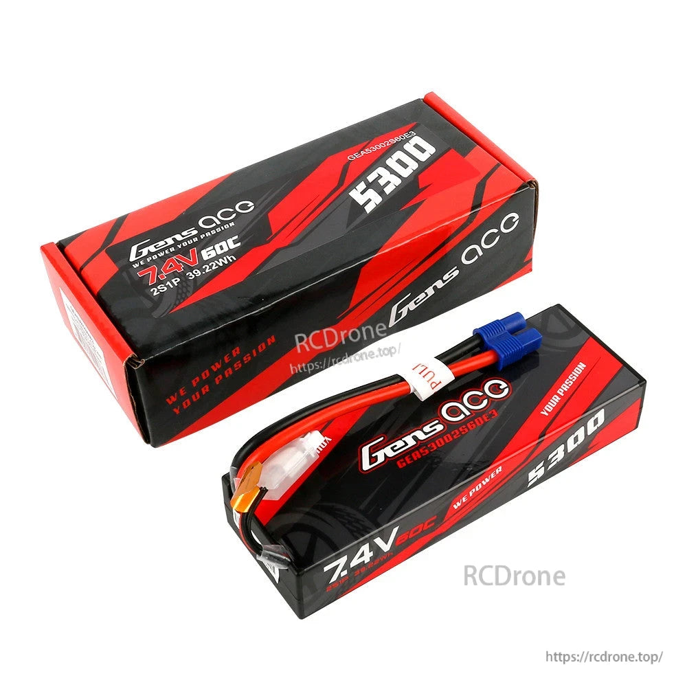 Gens ace 5300mAh 2S 7.4V 60C hardcase LiPo battery pack with blue EC3 connector and balance lead