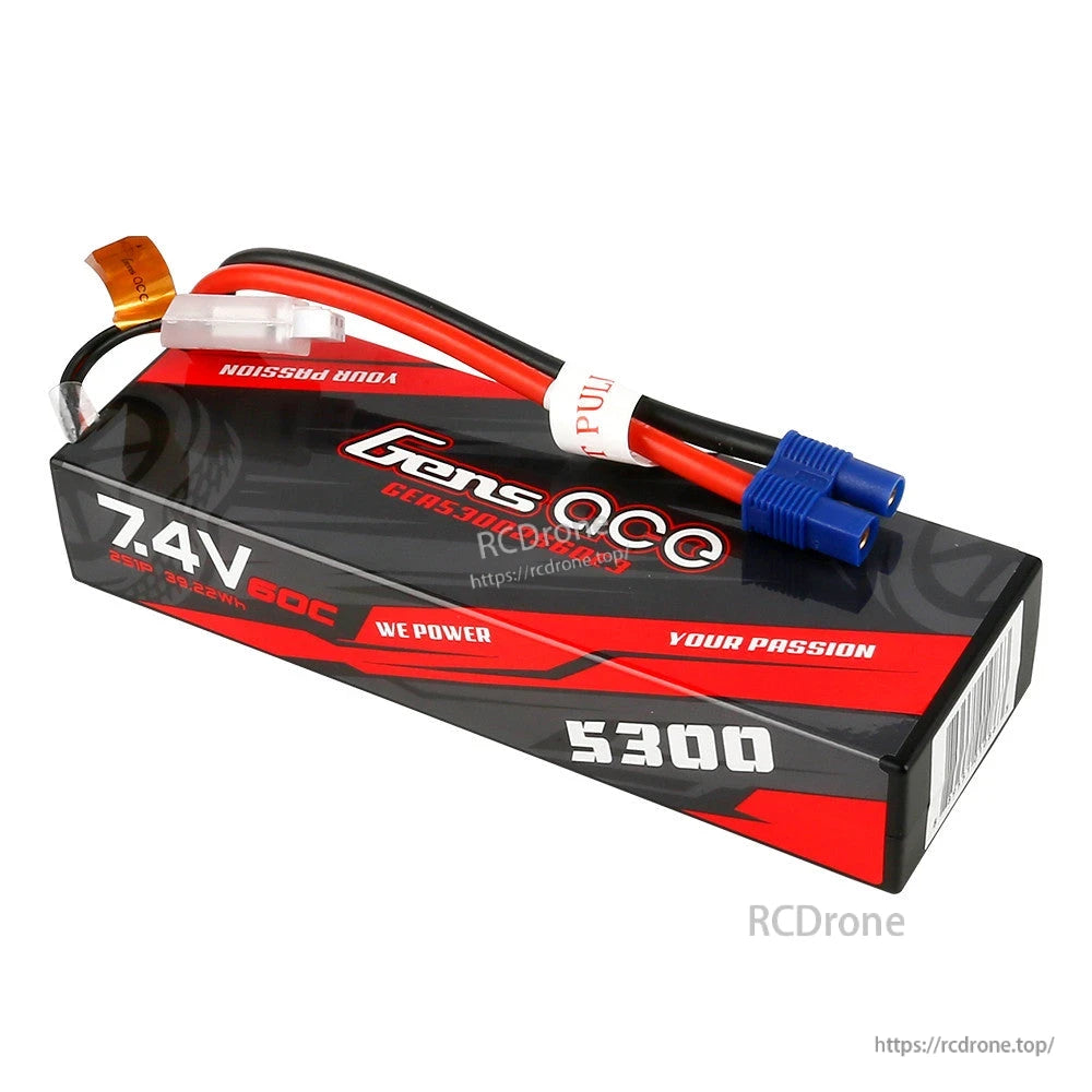 Gens ace hardcase 2S 7.4V 5300mAh 60C LiPo battery pack with blue EC3 connector and balance lead