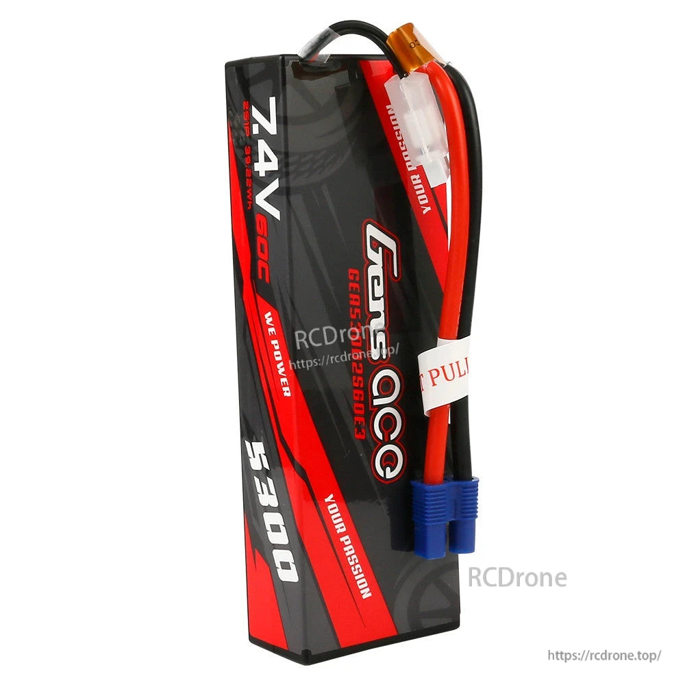 Gens ace 7.4V 5300mAh 2S hardcase LiPo battery pack with blue EC3-style connector and lead wires