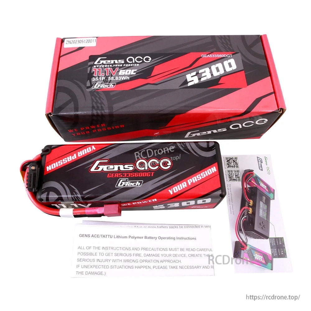 Gens ace 5300mAh 3S 11.1V hardcase LiPo battery pack with label showing 11.1V 50C and 5300 capacity