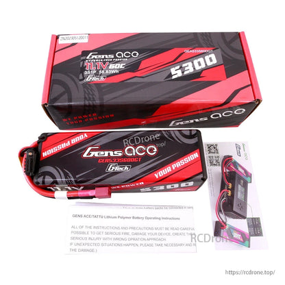 Gens ace 5300mAh 3S 11.1V hardcase LiPo battery pack with label showing 11.1V 50C and 5300 capacity