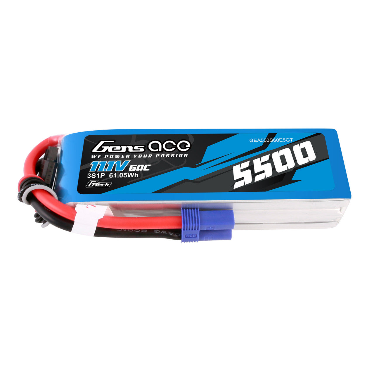Gens ace 5500mAh 3S 11.1V 60C G-Tech LiPo battery pack with blue EC5 plug and heavy-gauge leads
