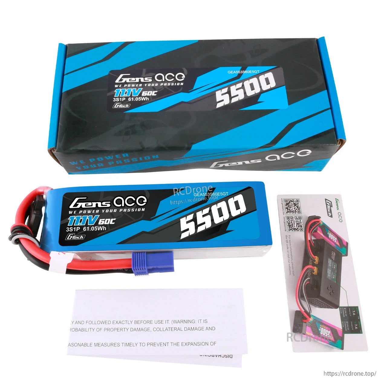Gens ace 5500mAh 3S 11.1V 60C G-Tech LiPo battery pack with blue EC5 plug, box and instructions