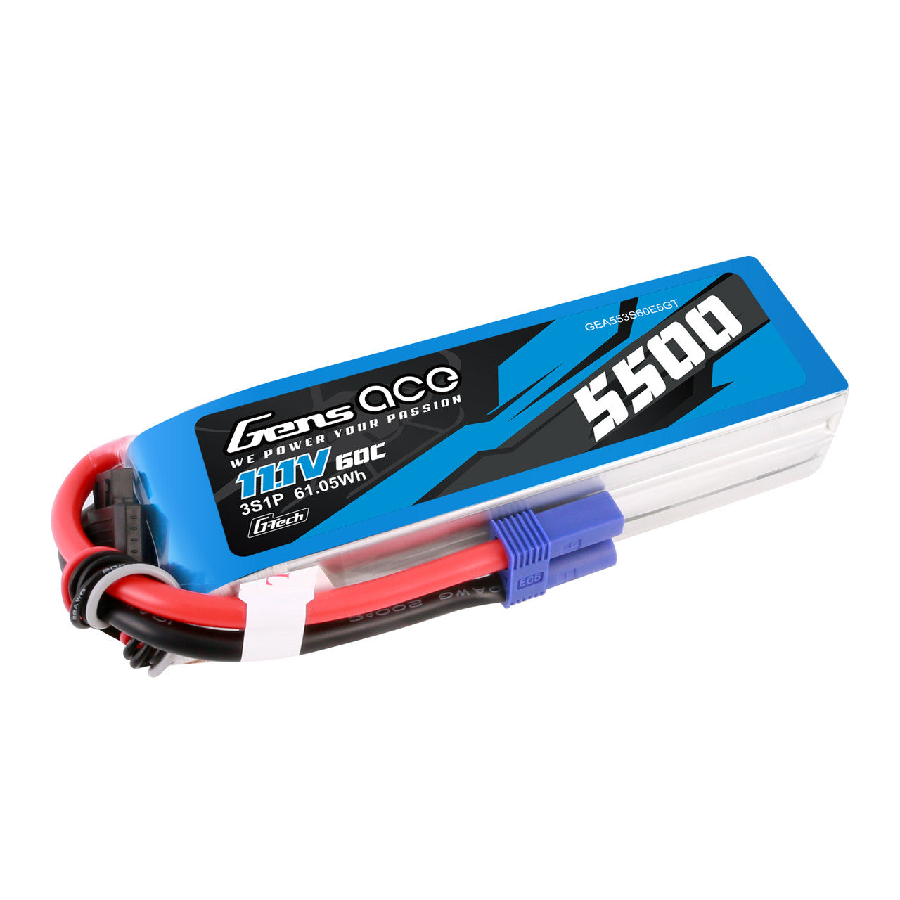 Gens ace 5500mAh 3S 11.1V 60C G-tech LiPo battery pack with blue EC5 connector and attached power leads