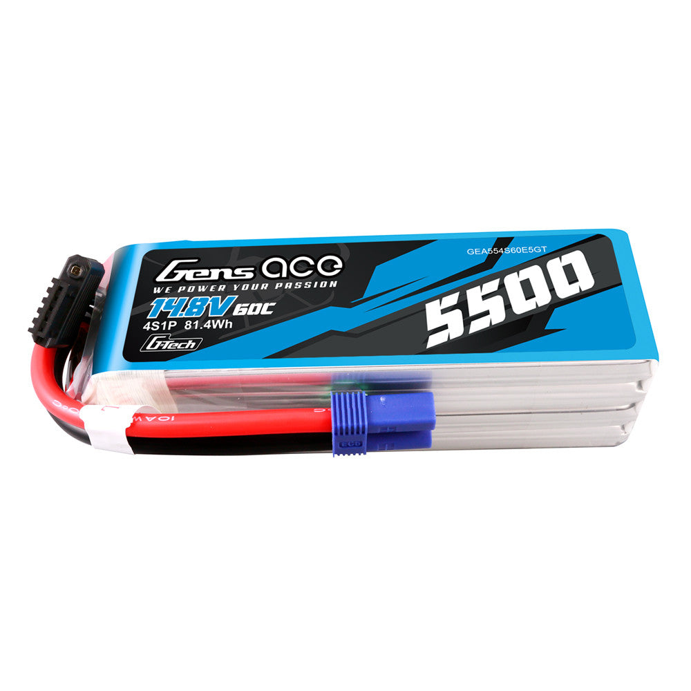 Gens ace 5500mAh 4S 14.8V 60C G-Tech LiPo battery pack with blue EC5-style plug and balance lead