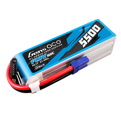 Gens ace 5500mAh 4S 14.8V 60C G-Tech LiPo battery pack with main power plug and 4S balance lead
