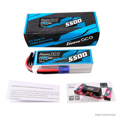 Gens ace 5500mAh 4S 14.8V 60C G-Tech LiPo Battery, Gens ace 5500mAh 14.8V 4S 60C LiPo battery with blue high-current plug, balance lead, and retail box