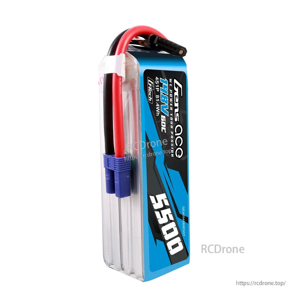 Gens ace 5500mAh 4S 14.8V 60C G-Tech LiPo battery pack with blue main connector and balance lead