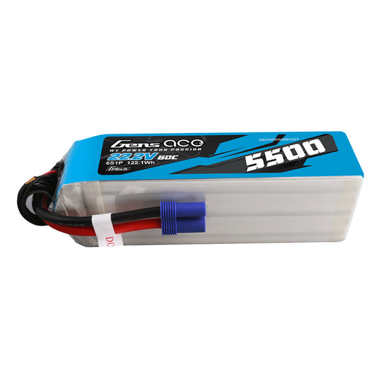 Gens ace 5500mAh 6S 22.2V 60C G-Tech LiPo battery pack with blue connector and lead wires