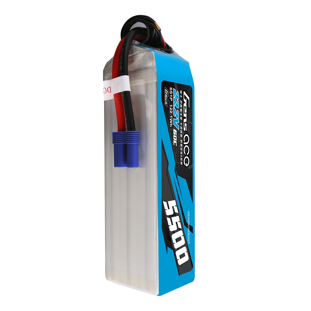 Gens ace 5500mAh 6S 22.2V 60C G-Tech LiPo Battery, Gens ace 5500mAh 6S 22.2V LiPo battery pack with blue label and EC5-style connector leads