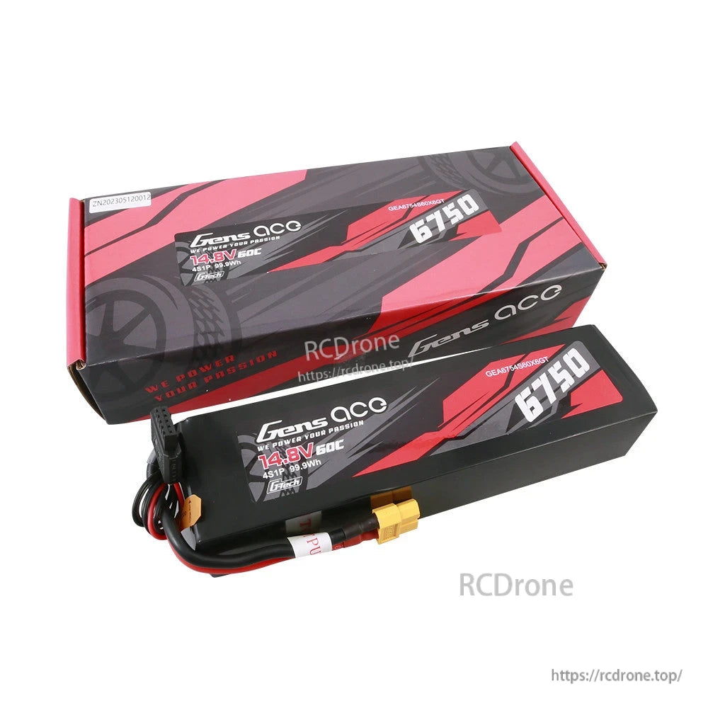 Gens ace 6750mAh 4S 14.8V 60C G-Tech LiPo battery pack with XT60 connector and balance lead