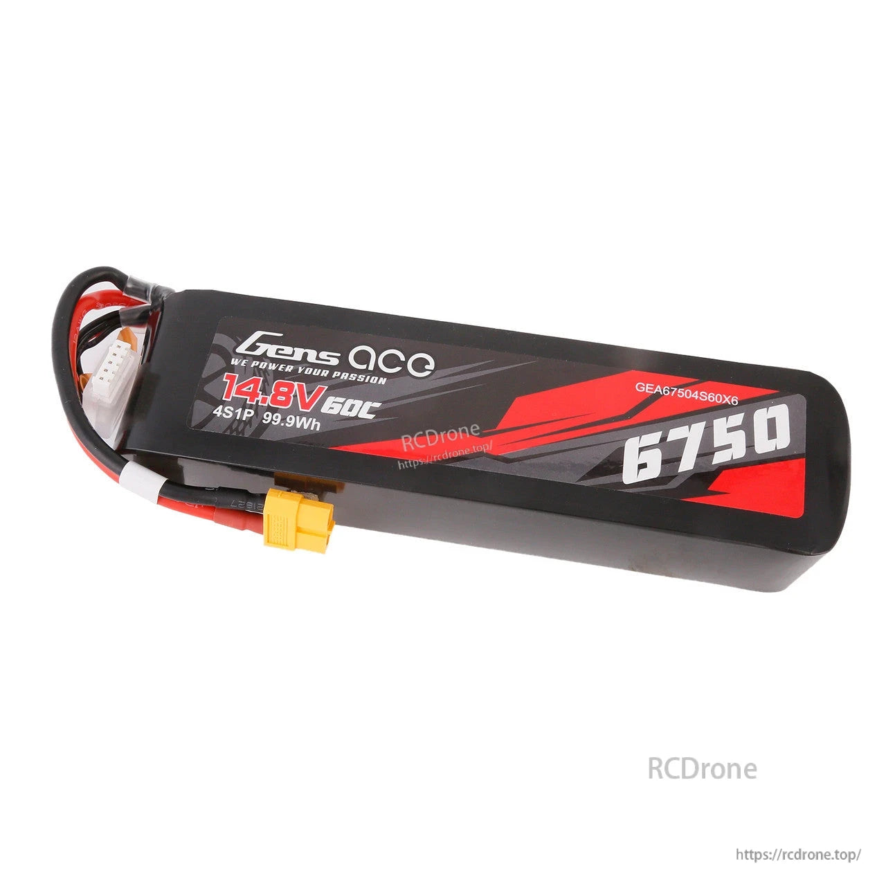 Gens ace 6750mAh 4S1P 14.8V 60C LiPo Battery, Gens ace 6750mAh 4S 14.8V LiPo battery pack with XT60 connector and balance lead, labeled 50C