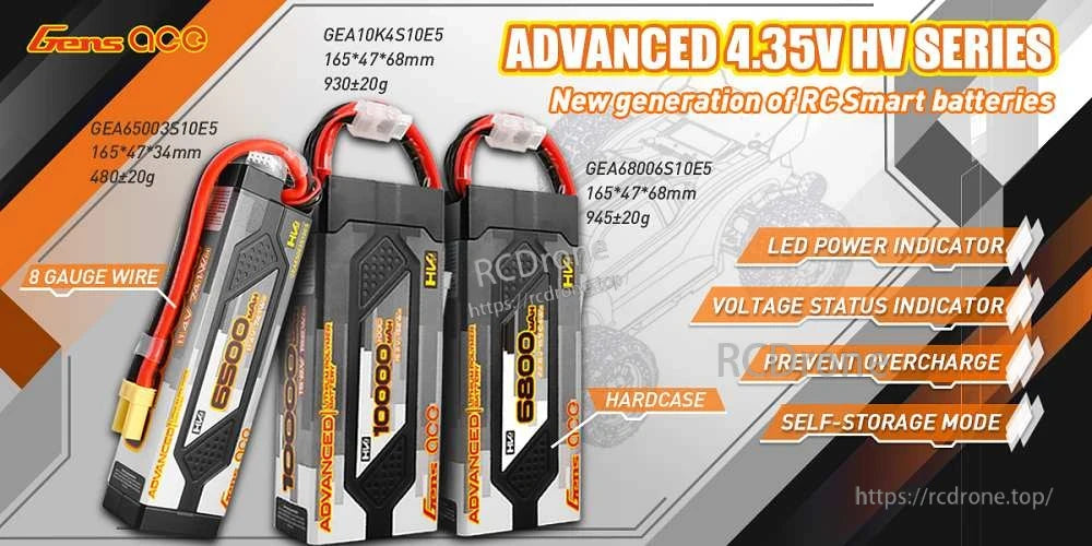 Gens ace Advanced 4.35V HV hardcase LiPo battery pack with EC5 connector, balance plug, and LED status indicator