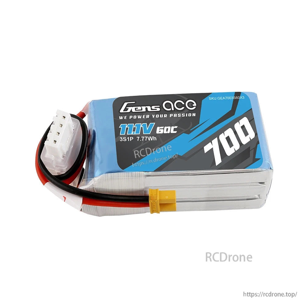 Gens ace 700mAh 3S 60C 11.1V LiPo Battery, Gens ace 700mAh 3S 11.1V 60C LiPo battery pack with XT30 power plug and white balance connector