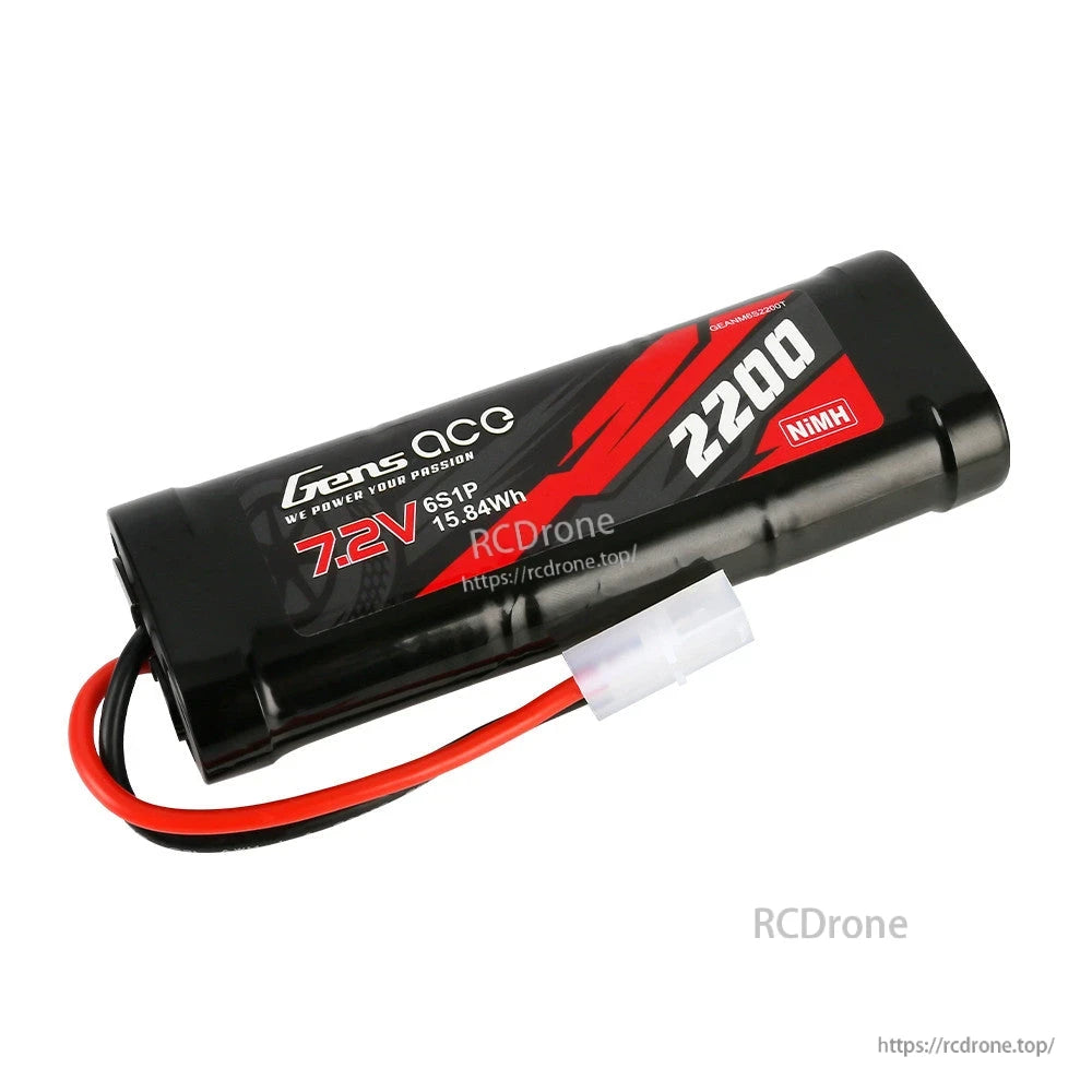 Gens ace 7.2V 2200mAh 6-Cell NiMH Battery, Gens ace 7.2V 2200mAh NiMH battery pack with black shrink wrap and white Tamiya-style connector