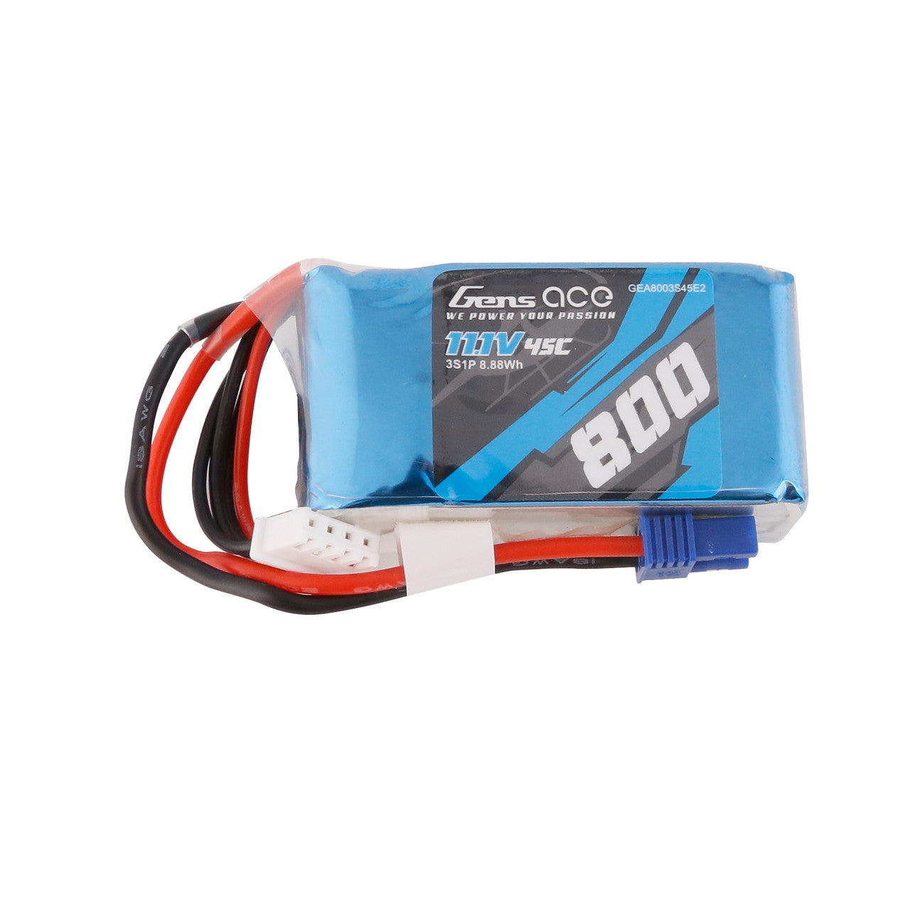 Gens ace 800mAh 11.1V 3S1P 45C LiPo Battery, Gens ace 800mAh 11.1V 3S 45C LiPo battery pack with main power lead and white balance connector