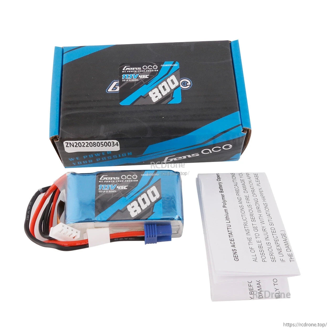 Gens ace 800mAh 11.1V 3S1P 45C LiPo Battery, Gens ace 800mAh 11.1V 3S 45C LiPo battery with leads and balance plug, shown with box and safety booklet