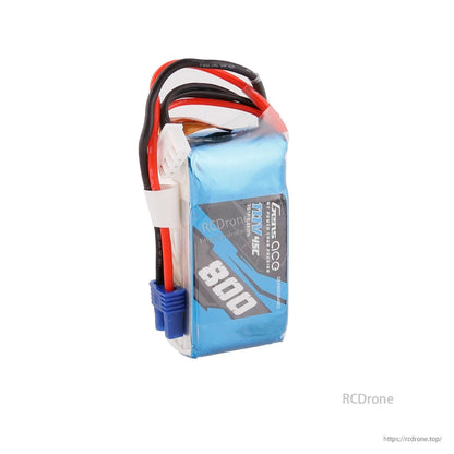 Gens ace 800mAh 11.1V 3S1P 45C LiPo Battery, Gens ace 800mAh 11.1V 3S LiPo battery pack with blue wrap, blue power plug, and white balance lead