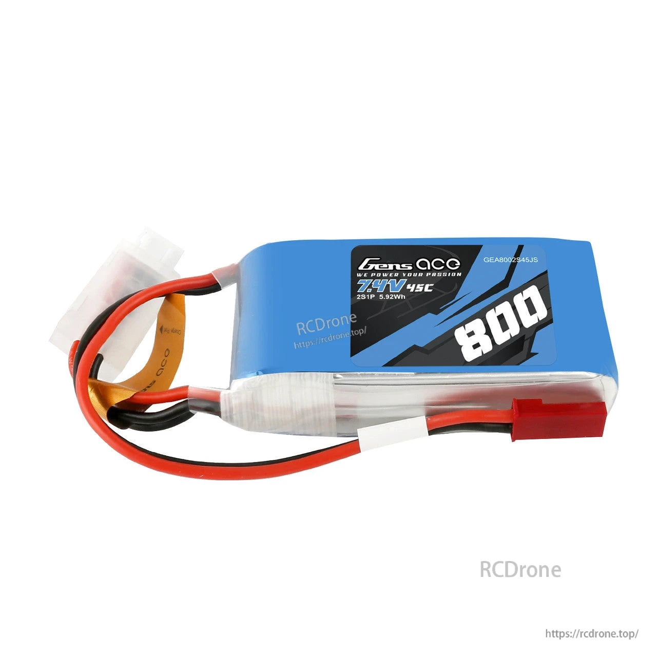Gens ace 800mAh 2S 7.4V 45C LiPo battery pack with T-style plug lead and white balance connector