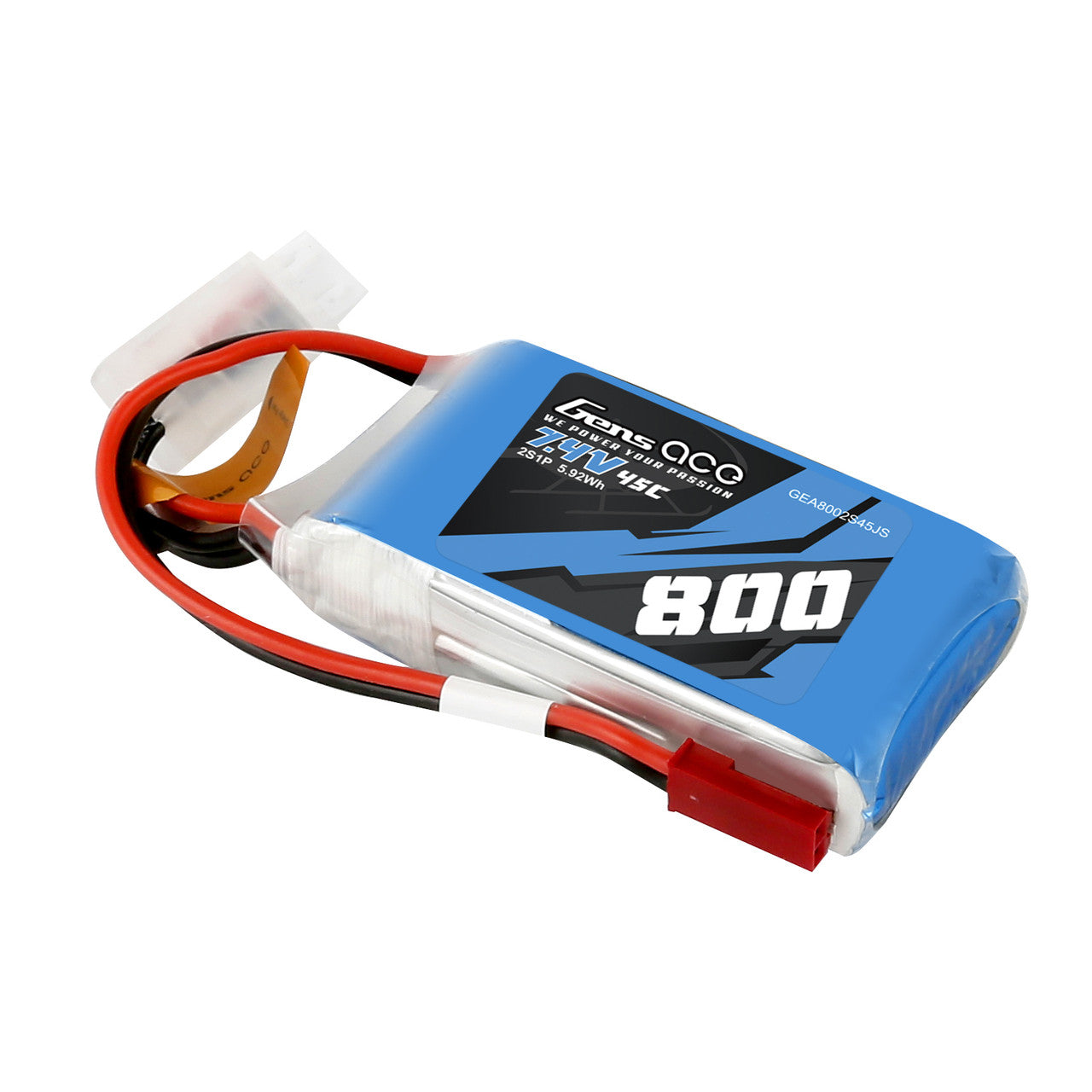 Gens ace 800mAh 2S 7.4V 45C LiPo battery pack with discharge lead and 2S balance connector