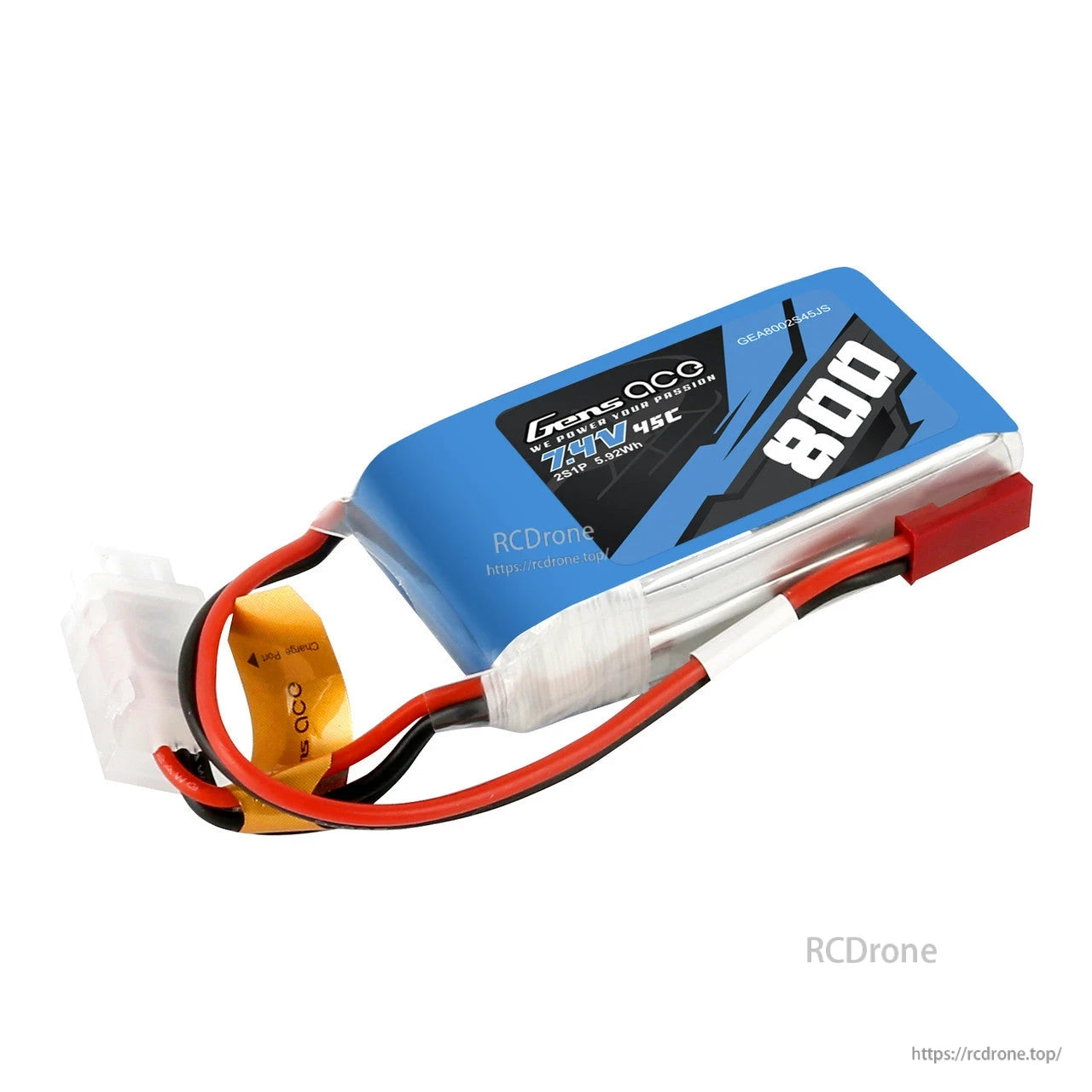 Gens ace 800mAh 2S 7.4V 45C LiPo battery pack with main power lead and white balance plug
